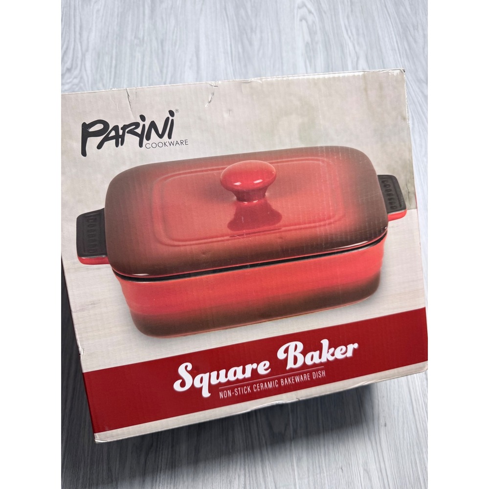 Parini Cookware Square Baker Non-Stick Ceramic Baking Dish with Lid Red Ombre